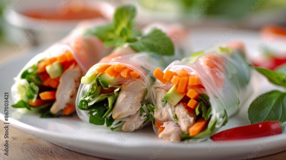 Poster a plate of crispy and flavorful spring rolls with a filling of wild greens and tender chicken all ne