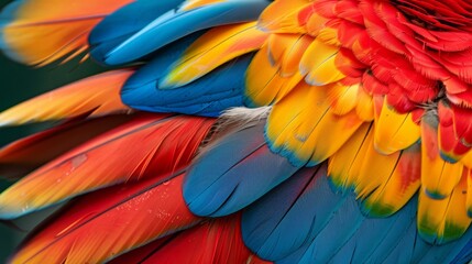Obraz premium A detailed close-up of a colorful parrot with its feathers fanned out, showcasing the bright and vivid hues against a natural backdrop