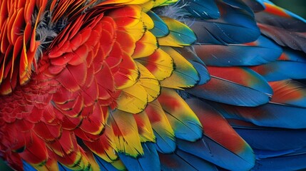 Fototapeta premium A detailed close-up of a colorful parrot with its feathers fanned out, showcasing the bright and vivid hues against a natural backdrop