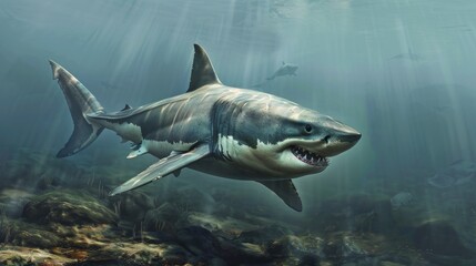 Fototapeta premium A Great White Shark gracefully swims through the depths of the ocean, sunlight filtering through the water, illuminating its powerful form