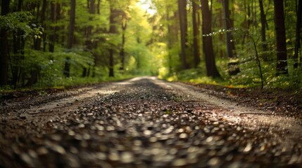 Picturesque dirt road surrounded by lush forest trees creating a serene and tranquil atmosphere perfect for nature travel and exploration