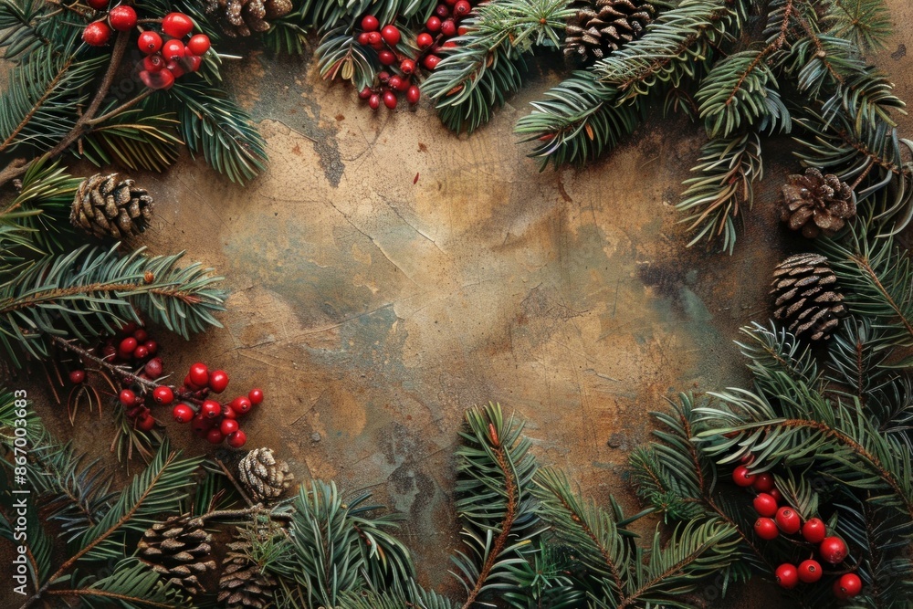Poster christmas background with fir branches, red berries and pine cones creating a frame on a grunge back