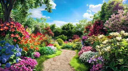 Fototapeta premium A high-resolution image of a beautiful garden in full bloom, with a variety of colorful flowers and lush greenery