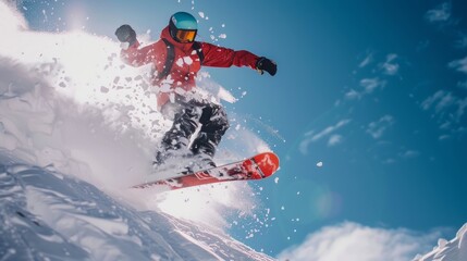 Naklejka premium A high-energy sports shot of a snowboarder performing a trick in mid-air, with bright gear and a snowy backdrop