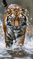 Obraz premium Tiger in mid-stride through splashing water, intense focus on prey. Wildlife photography concept