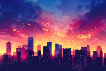A stunning silhouette of a modern cityscape against a vibrant sunset sky. The image captures the energy and dynamism of urban life. Generative AI