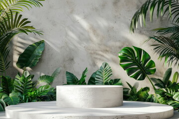 blank podium design with green leaves background, for product display