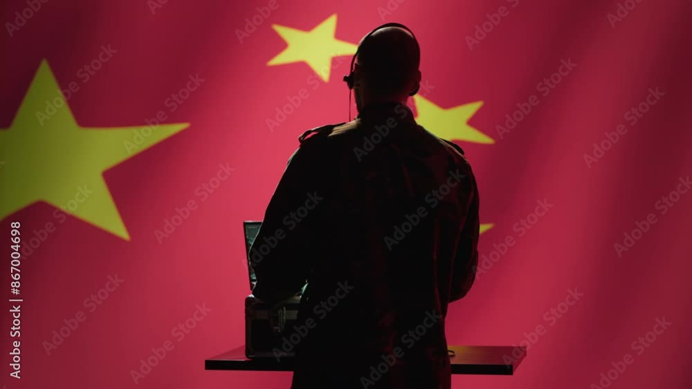 Poster military dispatcher in control center relays information from army intelligence analysts to troops o