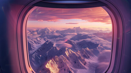 Obraz premium an airplane window, featuring a majestic mountain range with snow-capped peaks at sunrise