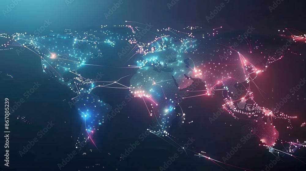 Poster a simple, yet striking minimalist world map featuring glowing routes. ideal for travel agencies and 