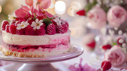 Detailed shot of a layered mousse cake with berries and decorative flowers