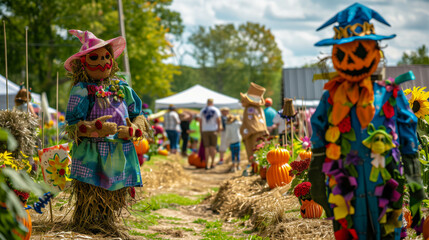 Scenic view of scarecrow competition at fall festival