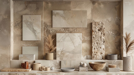 A flat lay of interior design material samples including marble, wood, and stone in neutral and earthy tones, minimalist photography, trending on Pinterest