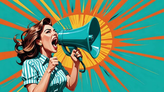 Woman shouting into a megaphone with retro styled colors.