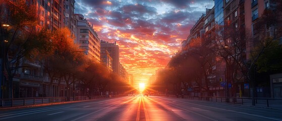 Beautiful sky with sunrise on a beautiful road through the middle of the capital. Both sides have pedestrian walkways and are full of tall buildings. Gives a feeling of hope and encouragement.