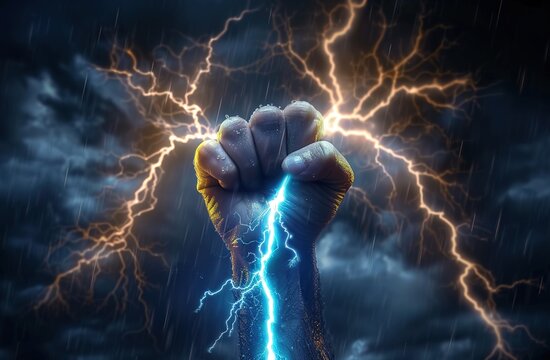 A hand raising a lightning bolt symbolizing energy and strength against a stormy backdrop with a blue radiance. References to Zeus and Thor.