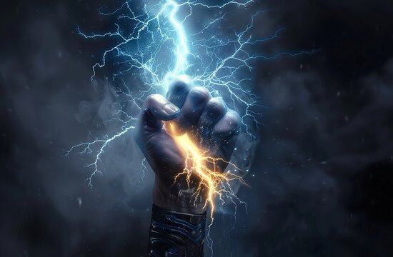 A hand raising a lightning bolt symbolizing energy and strength against a stormy backdrop with a blue radiance. References to Zeus and Thor.
