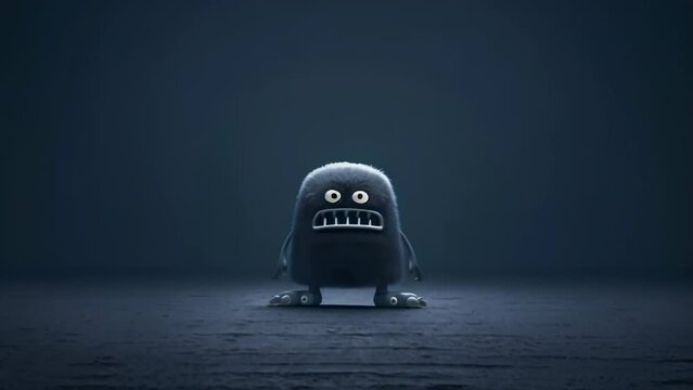 Adorable gray monster with big eyes and tiny teeth, standing alone in dim lighting. Round body, stubby legs, expressive face. Eerie yet endearing atmosphere, blending cuteness with slight spookiness.	