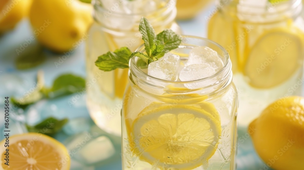 Poster a refreshing homemade lemonade is served in mason jars providing a cool and refreshing sip between b