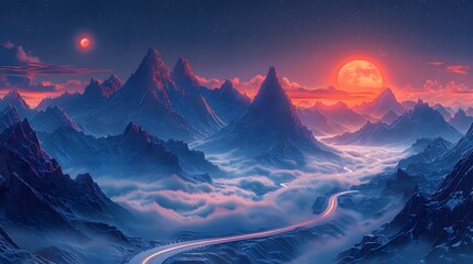 Enchanting illustration: winding road through misty mountains, sunrise behind peaks.