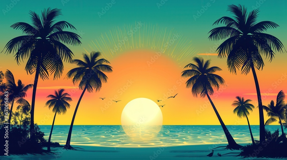 Poster a minimalist and vibrant image featuring silhouettes of palm trees against a setting sun and beach. 