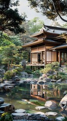 Fototapeta premium Traditional Japanese house with garden and pond, serene and nature concept