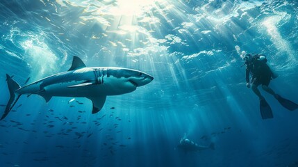 Fototapeta premium A diver swims beneath the waves, encountering a large great white shark in a stunning underwater environment bathed in sunlight