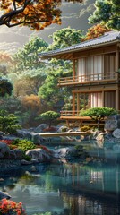 Naklejka premium Traditional japanese house by serene pond surrounded by lush foliage, zen garden concept