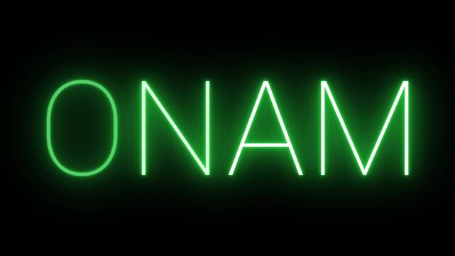 Flickering neon green glowing Onam text animated on black background