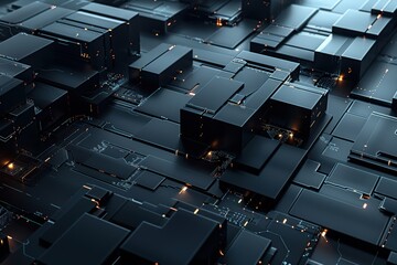 Fototapeta premium Abstract background of 3D black cubes with glowing lights and lines, representing futuristic technology, artificial intelligence, and digital network.