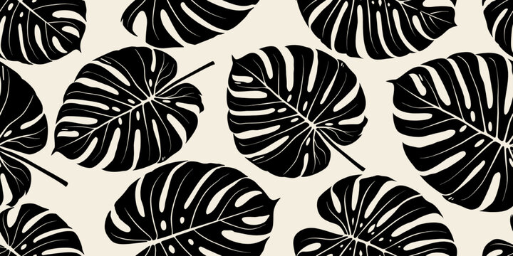 Elegant Black and White Monstera Leaf Seamless Pattern for textile, fabric, wallpaper, home decor, background.