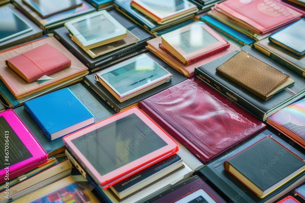 Poster a close-up view of tablets and e-readers displaying educational materials, showcasing the modern app