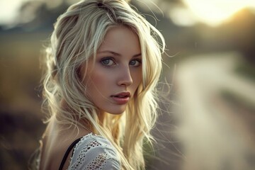 Naklejka premium Beautiful blonde woman with blue eyes is posing in nature