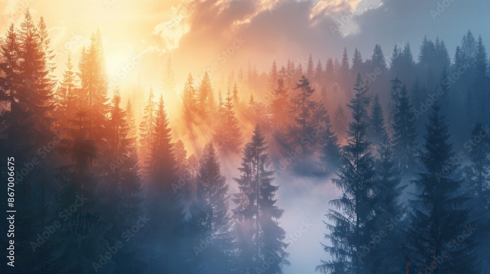 Poster A serene and mystical forest scene at dawn, with the trees bathed in golden sunlight and a layer of mist adding a magical touch. Generative AI