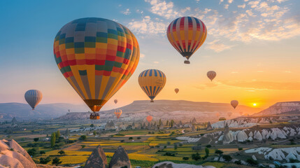 Obraz premium hot air balloons in flight during sunrise, various patterns and colors