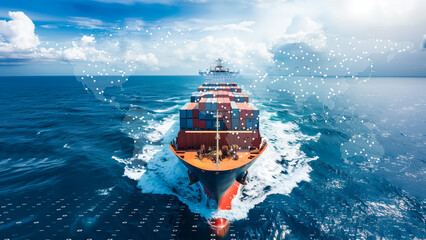 Digital maritime logistics with a cargo ship, advanced shipping technology