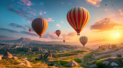 Fototapeta premium hot air balloons in flight during sunrise, various patterns and colors, soaring above a rocky terrain with green fields