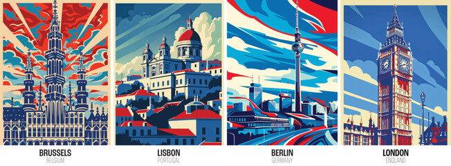 Set of european city posters including brussels lisbon berlin london