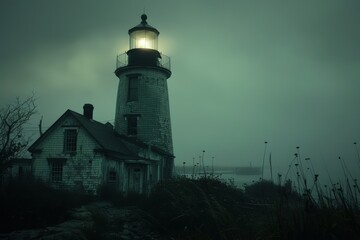 Eerie Night Scene of an Abandoned and Haunted Lighthouse