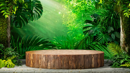 Obraz premium Background podium jungle product platform 3D green wood display pedestal. Background podium jungle tree nature leaf tropical cosmetic summer forest plant garden stage water presentation stone table. 