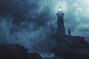 Haunted Lighthouse At Dusk Shrouded In Mist With Ghostly Figure