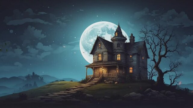 Eerie Spooky House Vector Style Background Full Moon & Flying Bats