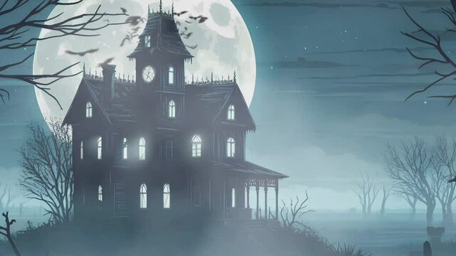 Creepy Hilltop House Vector Style Full Moon and Bats Flying Silhouettes