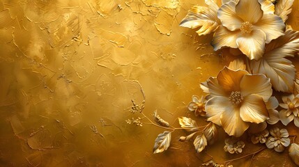 Detailed floral patterns in diverse gold shades on a tapestry-textured gold background.