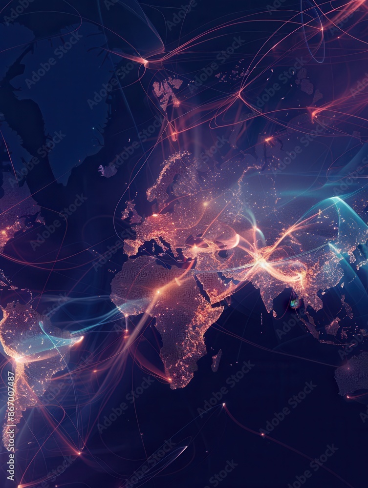 Aufkleber a minimalist illustration of a world map with glowing lines highlighting popular travel routes. gene