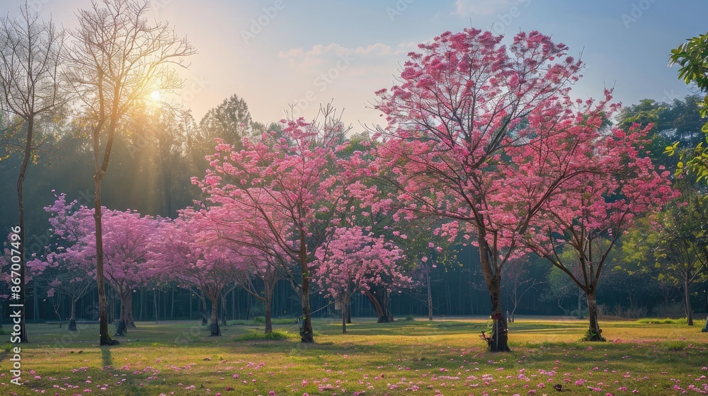 Aufkleber teak trees in spring bloom in the backdrop