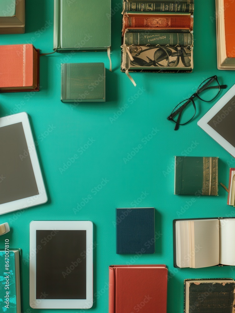 Aufkleber a flat lay image of tablets and various books on a teal background, representing the blend of tradit