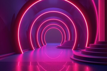 Naklejka premium Futuristic neon lit corridor with glowing pink circles, perfect for cyberpunk or abstract backgrounds.
