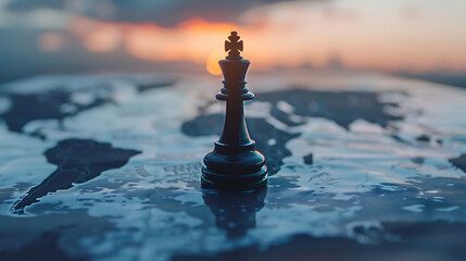 Close-up of black chess king arranged on a world map, symbolizing global strategy and planning