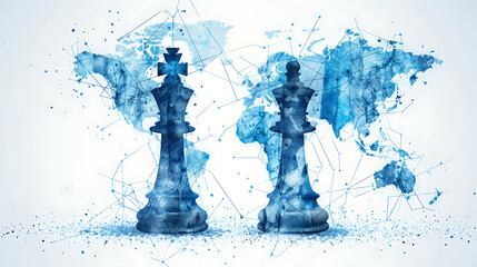 Silhouettes of chess pieces with world map background, symbolizing global strategy and connectivity